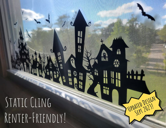 Spooky Town Static Cling for Renter-Friendly Halloween Window Decor. Screen Printed & contour cut in-house at InkBird Print Studio!