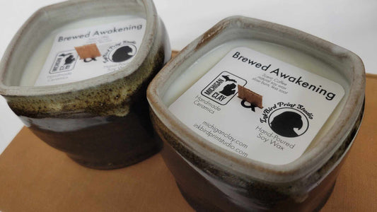 "Brewed Awakening" Coffee Scented Soy Wax Candle in Handthrown Ceramics, Wood Wick