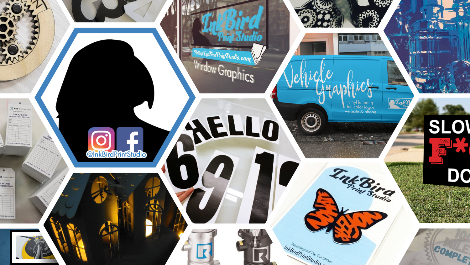 A collection of images showing the skills and capabilities of InkBird Print Studio LLC.