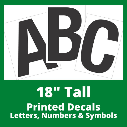 Photo of a set of 18 inch tall rectangular decals with the letters A B C as a sample, showcasing a clean, modern font. The decals are white with printed black letters on them, arranged in a fan-like layout.