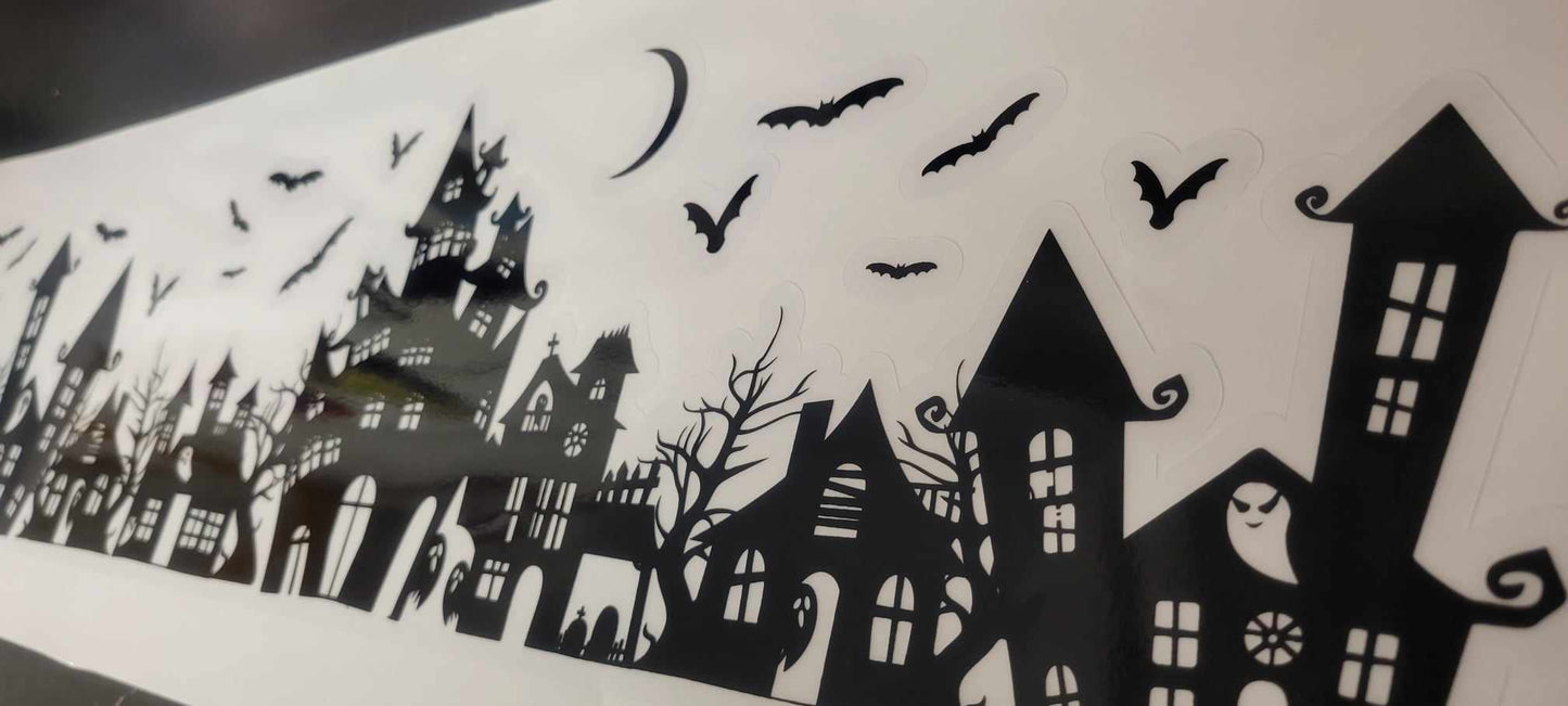 Spooky Town Static Cling for Renter-Friendly Halloween Window Decor. Screen Printed & contour cut in-house at InkBird Print Studio!