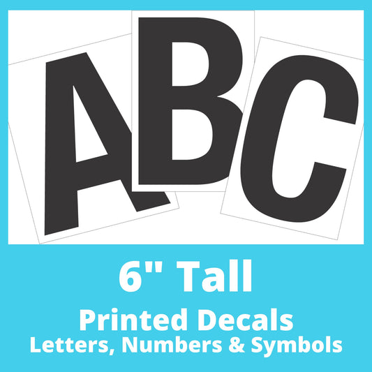 Photo of a set of 6 inch tall rectangular decals with the letters A B C as a sample, showcasing a clean, modern font. The labels are arranged in a fan-like layout.