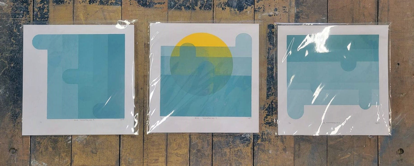 Blue Transparency I, II, III - Screen Printed Art Series, Set of 3 Prints