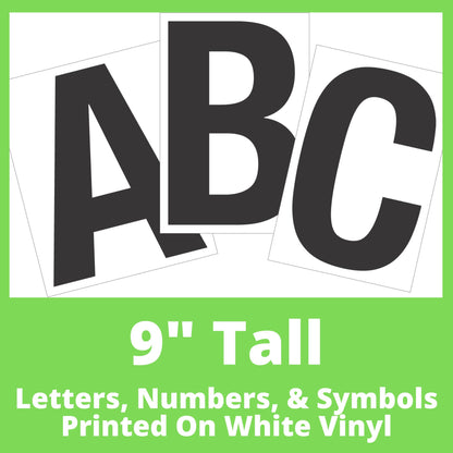 Photo of a set of 9 inch tall rectangular decals with the letters A B C as a sample, showcasing a clean, modern font. The decals are white with printed black letters on them, arranged in a fan-like layout.