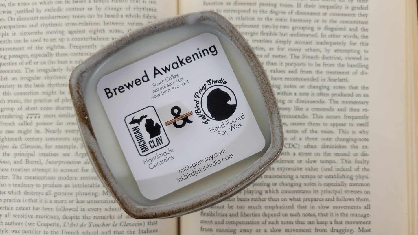 "Brewed Awakening" Coffee Scented Soy Wax Candle in Handthrown Ceramics, Wood Wick