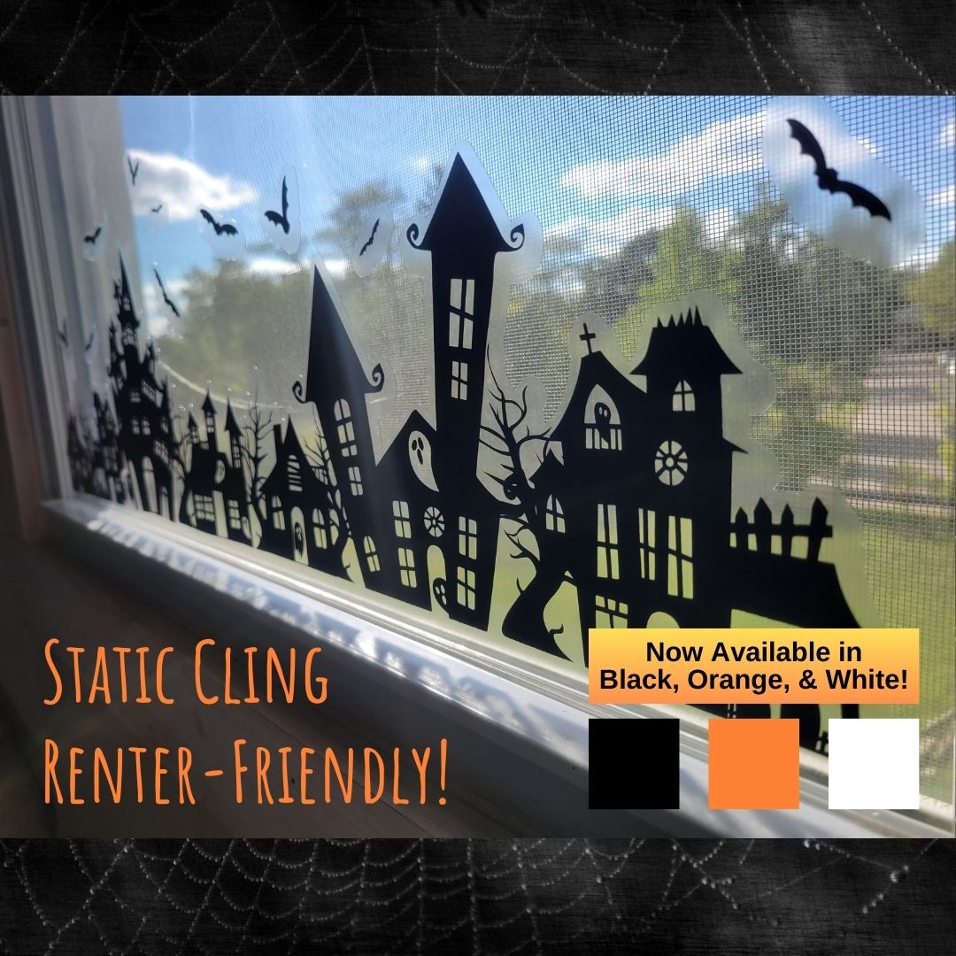 Our Spooky Town Halloween static cling window decoration, renter-friendly, screen-printed in black ink on clear cling material and contour cut, featuring haunted houses, eerie trees, bats, ghosts, and a moon, perfect for windows and glass surfaces. Also sold in Orange and White