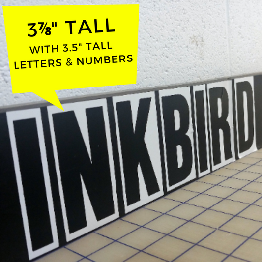 3.875" Letters & Numbers, Screen Printed Black ink on matte White Vinyl.