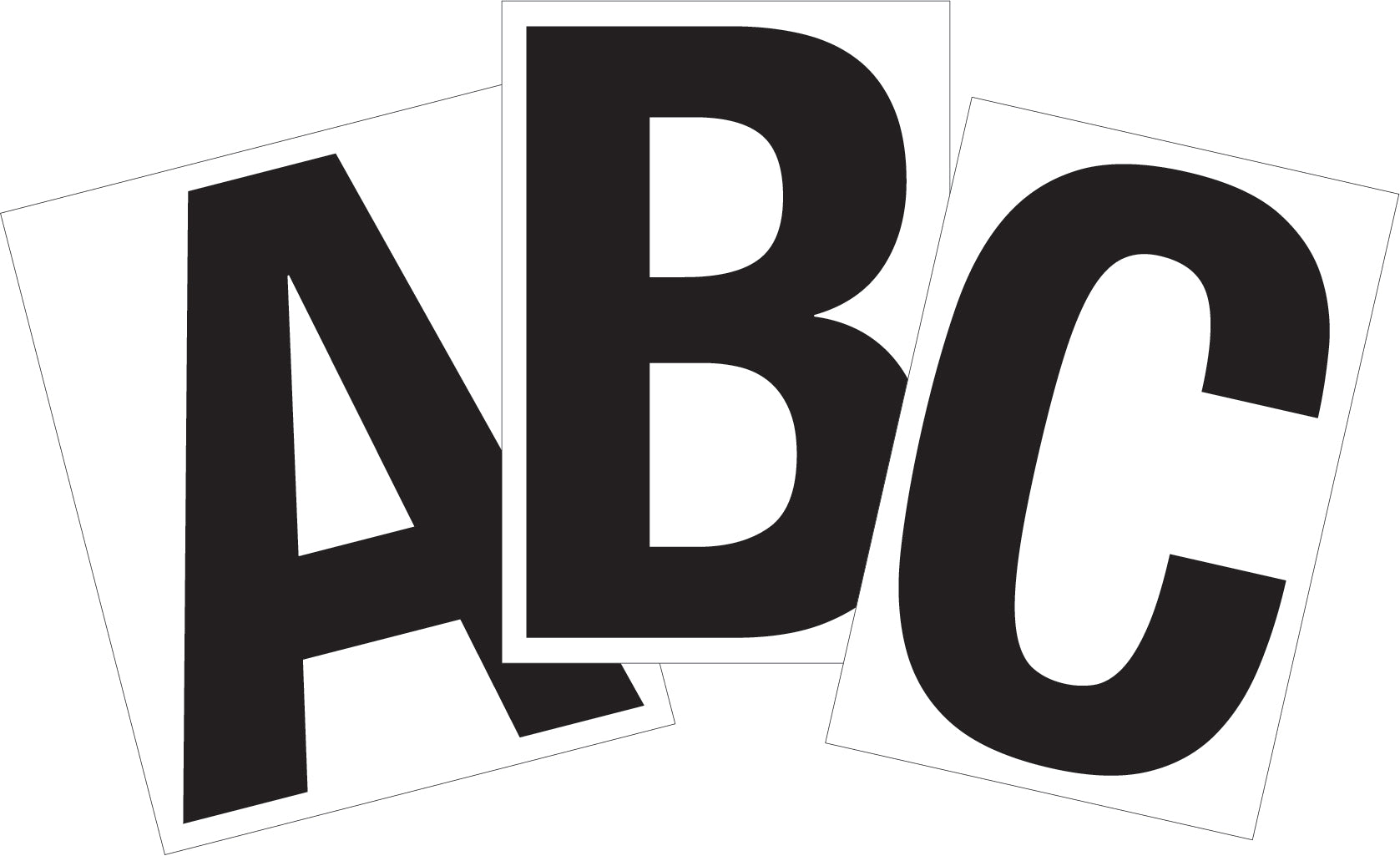 Photo of a set of rectangular decals with the letters with the printed letters A B C in black on a white matte vinyl background. This image is a mockup, howcasing a clean, modern font. The decals are white with printed black letters on them, arranged in a fan-like layout.