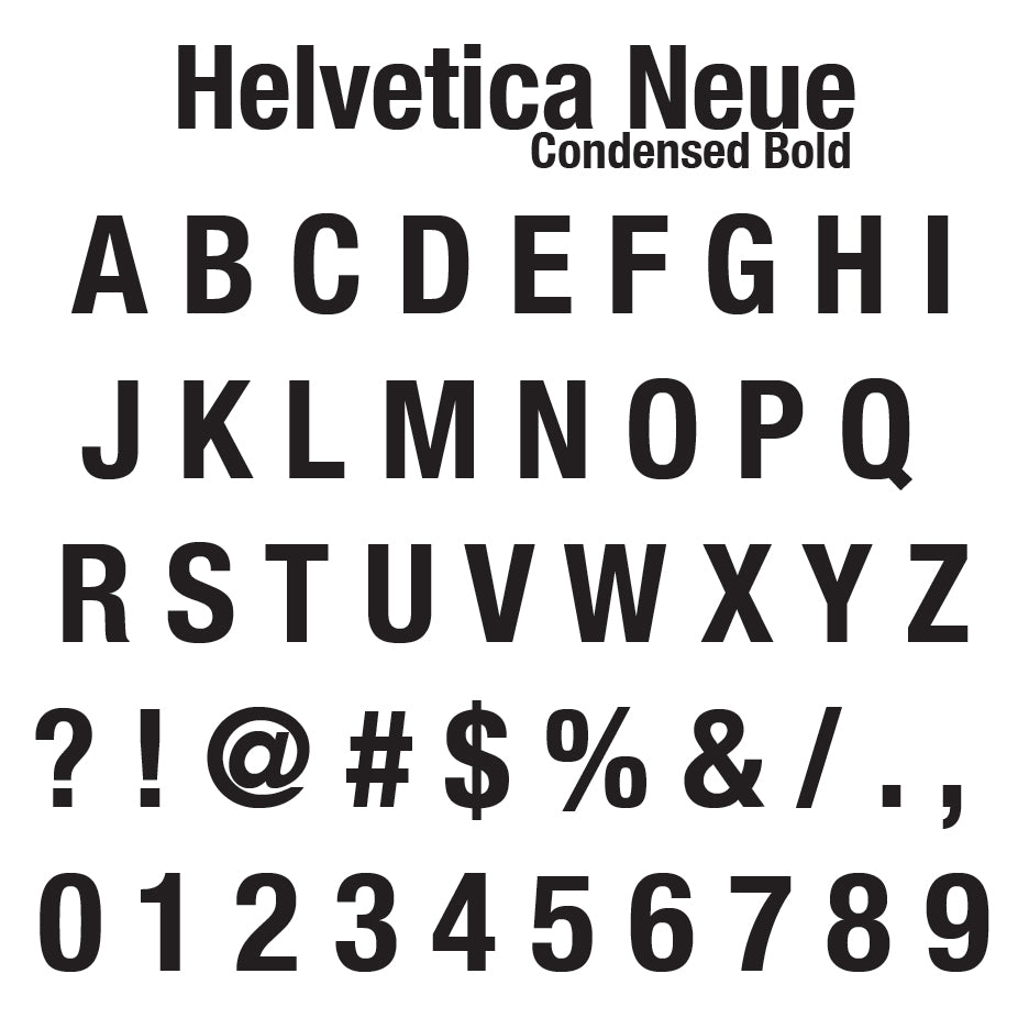 This image shows the alphabet, numbers, and select symbols that can be ordered in this font for the Stikons line of decals at InkBird Print Studio. The font is Helvetica Neue Condensed Bold.