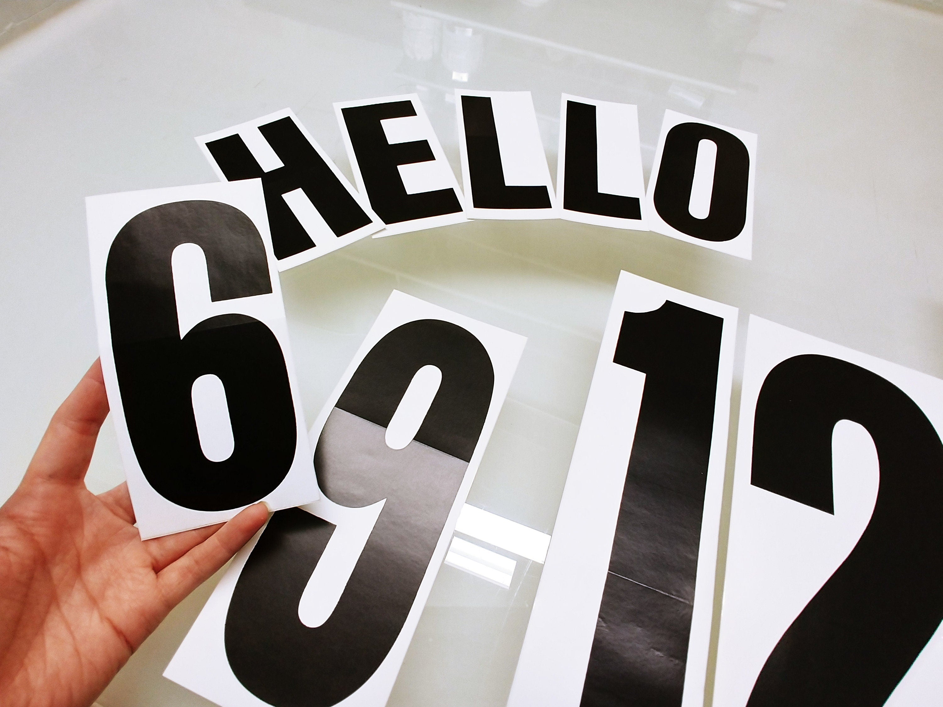 Image of a 6 inch, 9 inch and 12 inch number, and the word "HELLO" spelled out in 6 inch tall letters. This is a custom font, which can be ordered by emailing Hello@inkbirdprintstudio.com