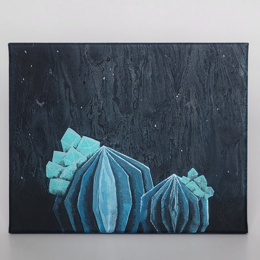 The "Crystal Cacti III" acrylic painting by Claire Davis, measuring 8"x10", showcases abstract geometric shapes that resemble crystal flowers and succulent cacti. These forms are illuminated in shades of blue on a textured black background, creating a mystical and cosmic effect. It is offered by the InkBird Print Studio LLC.