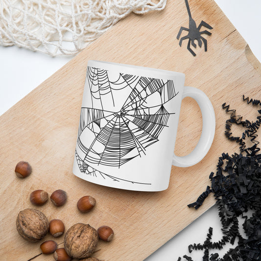 White glossy mug with Spiderwebs