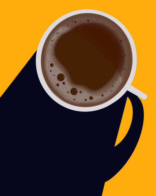 The digital painting "Coffee in Yellow" by Claire Davis from InkBird Print Studio LLC features a white coffee cup filled with dark coffee set against an orange background. The cup's long shadow extends to the left, emphasizing the strong contrast between the vibrant backdrop and deep shadow.