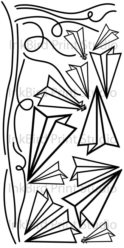 How the paper airplane set with solid lines for their flight paths will appear on a liner when shipped. 