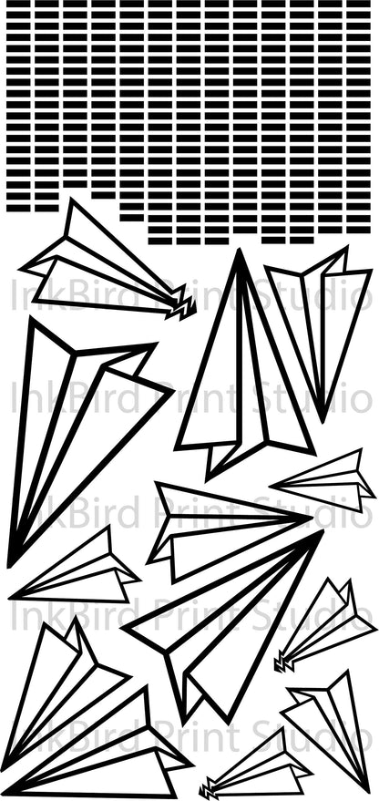 How the paper airplane set with dashed lines for their flight paths will appear on a liner when shipped. 