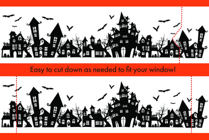 Our Spooky Town Halloween static cling window decoration with cut lines examples shown of where you could cut it down to fit a smaller window if needed.