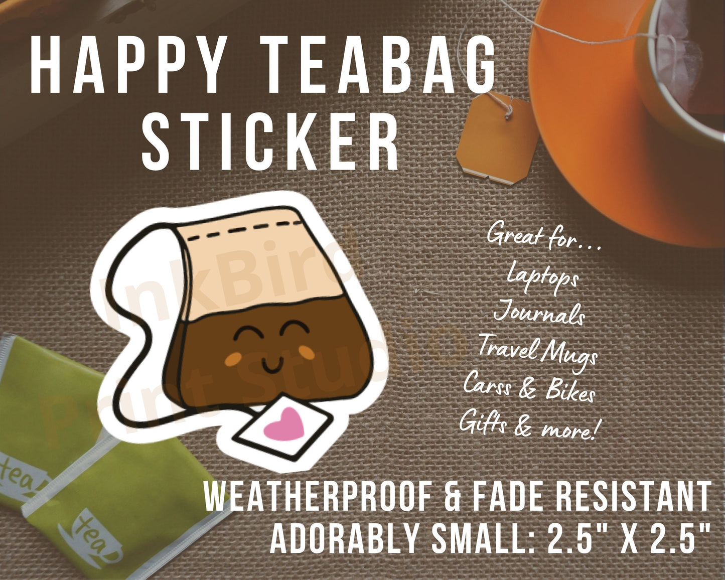 Adorable Happy Teabag Sticker for laptops, travel mugs, journals, gifts, and more! Kawaii Cute Tea Bag Sticker Decal