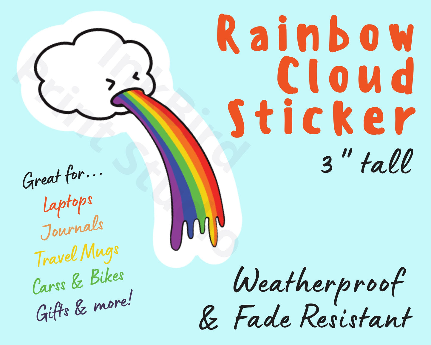 Rainbow Cloud Sticker, weatherproof and fade resistant, 3" long, cloud puking a rainbow sticker for laptops, journals, gifts, & more!