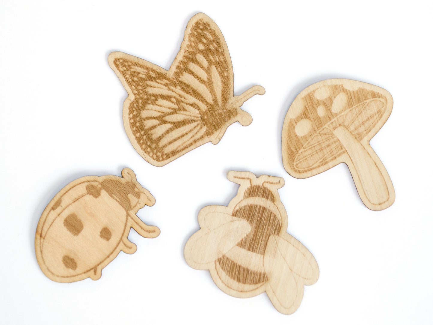 Garden Wood Sticker Pack | Ladybug, Mushroom, Monarch & Bumblebee | Real Wood Decals | Stickers for Laptop, Scrapbook, Tumbler, or Phone