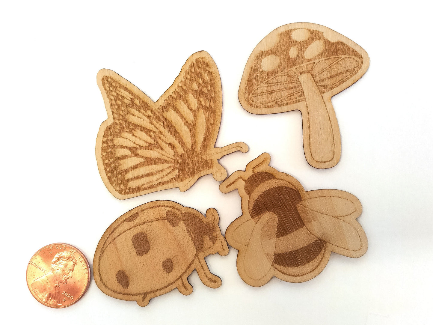 Garden Wood Sticker Pack | Ladybug, Mushroom, Monarch & Bumblebee | Real Wood Decals | Stickers for Laptop, Scrapbook, Tumbler, or Phone